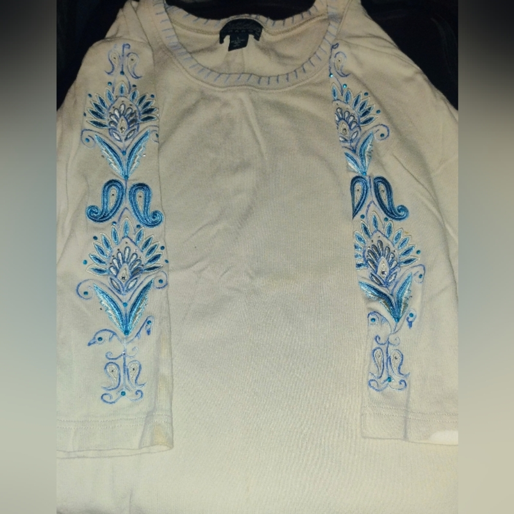 Cream and Blue Embroidered Top